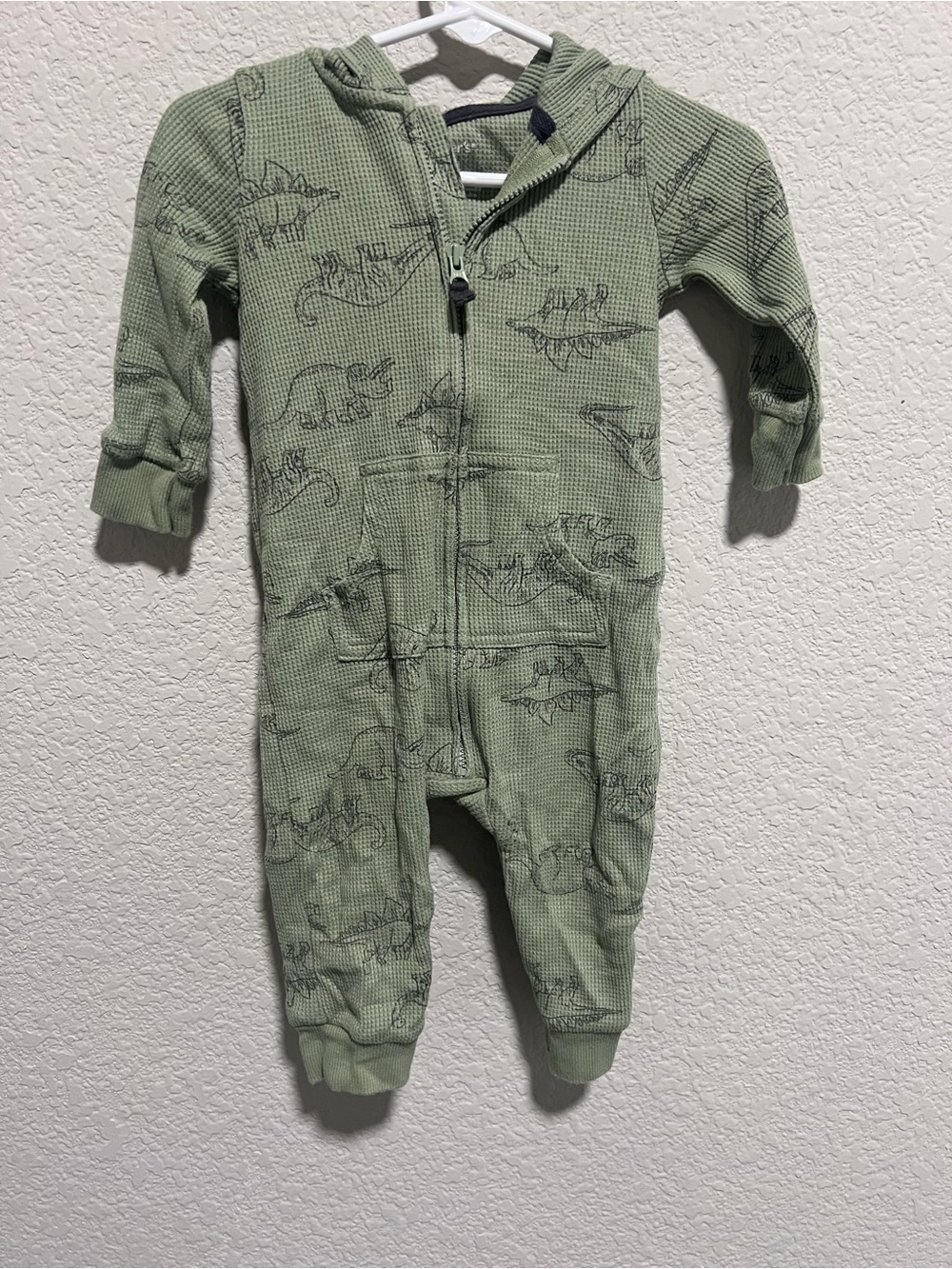 Carter's Sage Green Waffle-Knit Hooded One-Piece with Dinosaur Print